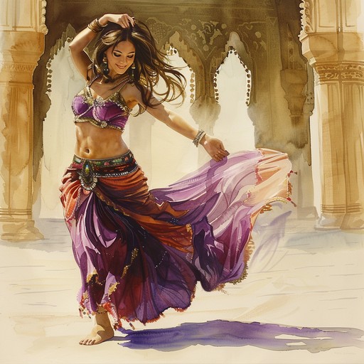 A captivating and alluring instrumental piece featuring traditional middle eastern instruments and rhythms, perfect for a mesmerizing belly dance performance. The music evokes the enchanting atmosphere of arabian nights, with its sinuous melodies and hypnotic beats.