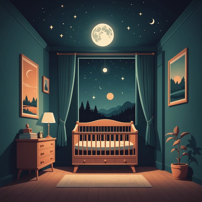 A delicate melody played on a music box, crafted to help babies drift off into dreamland with ease, encompassing the warmth and comfort of a night’s slumber under a moonlit sky.