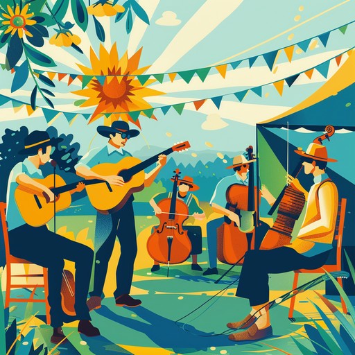 A jubilant and lively bluegrass composition filled with ecstatic energy and joy, featuring fast paced plucking, rhythmic strumming, and merry tunes that evoke a sense of celebration and carefree happiness, perfect for summer gatherings or joyful moments.