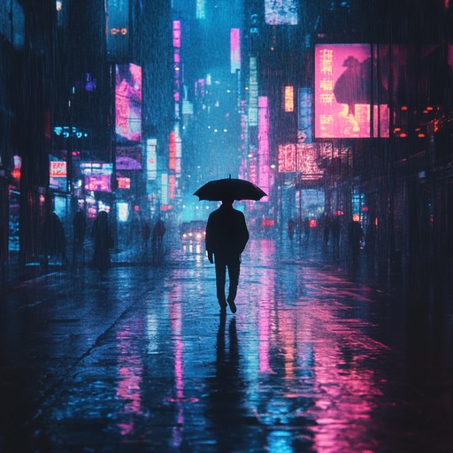 A melancholic track filled with somber synth melodies, layered with the distant hum of electronic drones and rhythmic pulses like the heartbeat of a futuristic metropolis. The music captures the isolation and reflective mood of a lone wanderer navigating neon lit, rain drenched streets, searching for meaning in a digital world. Perfect for evoking the dark, melancholic essence of cyberpunk settings.