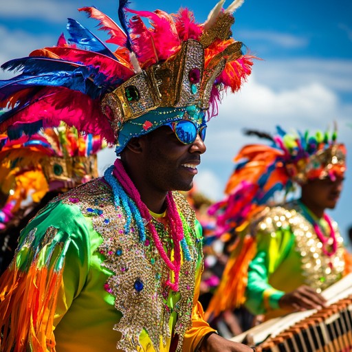 This composition creates a party like atmosphere, combining the fast paced beats of dancehall with the melodious and resonant sounds of the marimba, reminiscent of a caribbean festival where dance meets tradition in a joyous celebration.