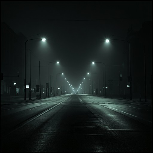 An ominous piece featuring layered textures of ambient noise and brooding basslines that evoke the hidden depths of a sprawling metropolis after dusk. The music captures the essence of lurking dangers and unseen movements in the city nightscape.