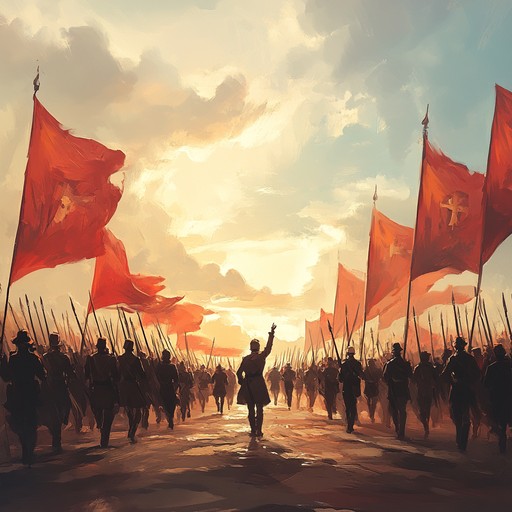 A powerful military march featuring a dynamic and triumphant blend of brass and percussion, creating an atmosphere of celebration and victory. The soaring melodies and rhythmic energy make it perfect for a victory parade, embodying the spirit of triumph and joy.