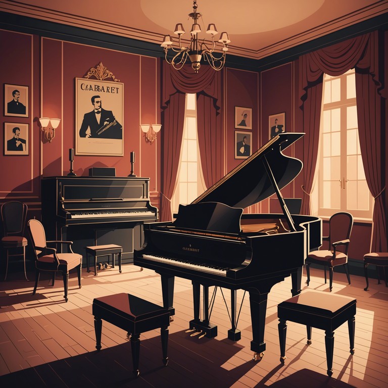 In an old world cabaret setting, a lone pianist plays somber yet peaceful melodies that resonate with the spiritual and emotional undercurrents of historical performers whose presence still lingers in the atmosphere. This music piece is an ode to the whispered stories diffused in the dark corners of cabaret theaters, revealing fleeting tales of passion and solitude.