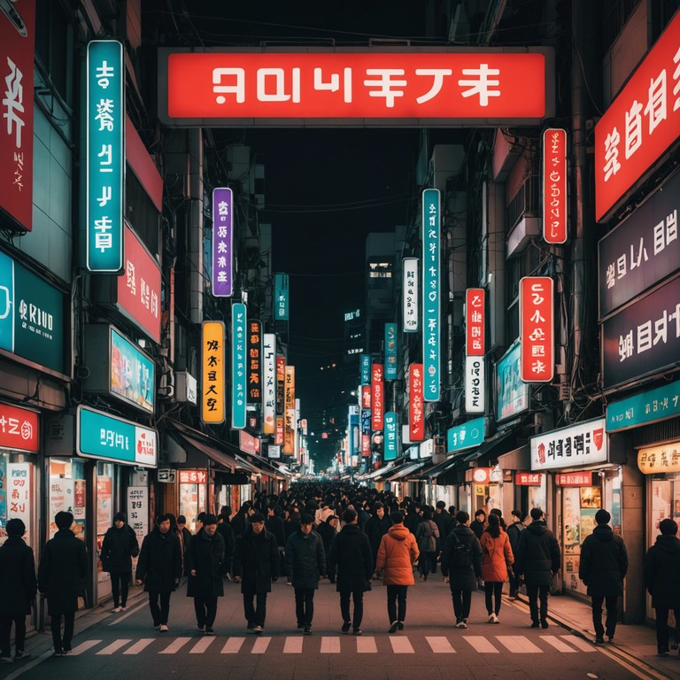 Imagine a vibrant dance track inspired by the bustling streets of seoul at night, blending traditional korean instruments with pulsating retro synths to create a timeless yet modern sound.