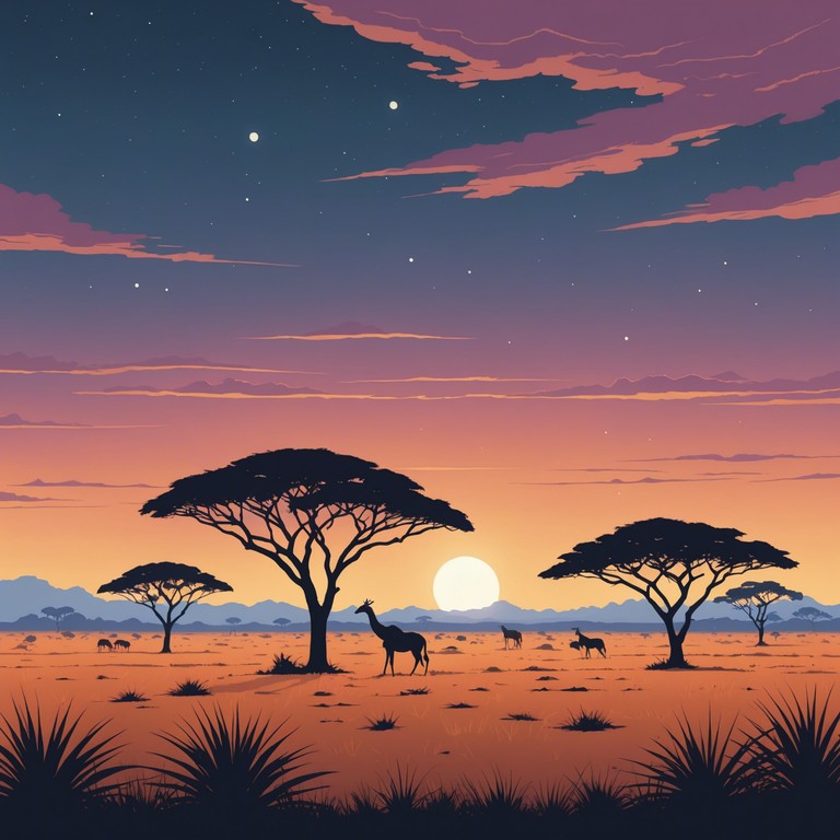 Imagine a musical piece that encapsulates the essence of twilight descending over the african savannah, where rhythmic beats gently blend with the tranquil scenery.