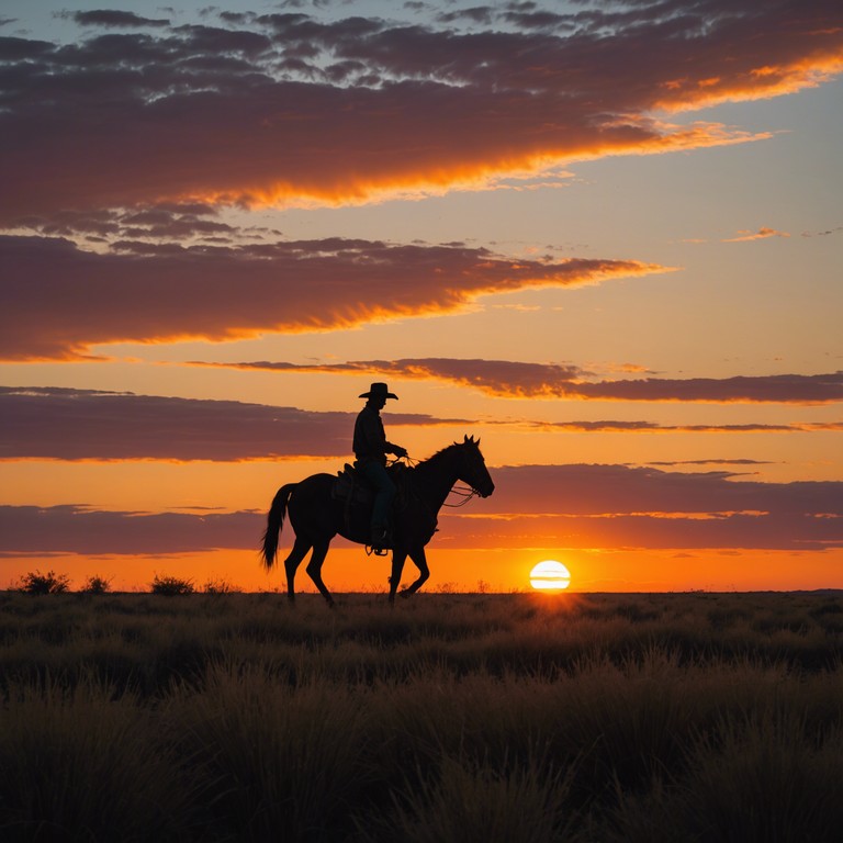 As the sun dips below the horizon, fiery streaks paint the sky, mirroring the blazing energy of the banjo strings in a composition that brings life to the legends of the western lands.