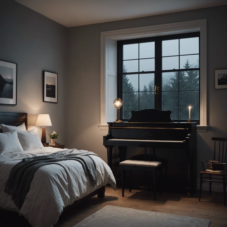 A minimalist piano composition evokes deep emotions and a profound sense of yearning, set against the backdrop of a cozy bedroom at night. This piece invites the listener into a contemplative state as each note softly emerges from the quiet space around them