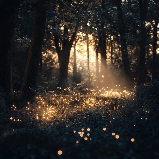 In a mystical forest, ethereal synthesized tunes blend harmoniously with the natural sounds, creating a peaceful and soothing experience, like walking through an enchanted woodland.