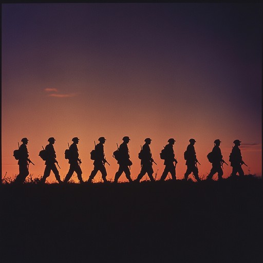 An intense and suspenseful military track featuring steady, disciplined marching rhythms, deep and resonant drums, and eerie brass. Designed to capture the gravity and tension of wartime, it portrays the image of disciplined soldiers moving through the shadows, invoking a sense of darkness and foreboding in the air.