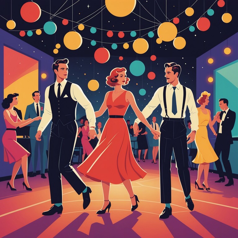 Imagine a lively dance hall filled with elegantly dressed dancers swinging to a band's vivacious tunes, celebrating a special occasion with flair and energy.