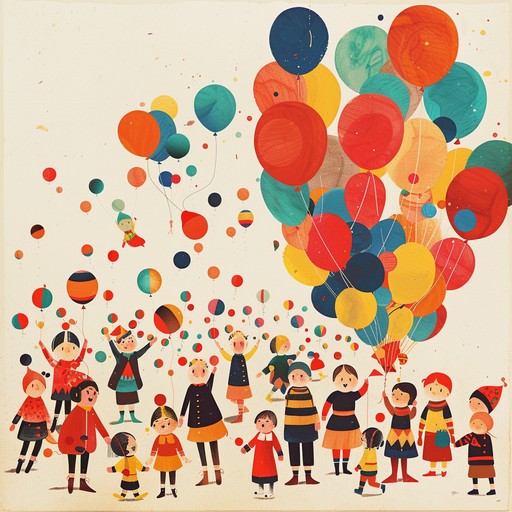 A bright and cheerful tune featuring lively xylophones and flutes, evoking the imagery of kids celebrating in a festive and colorful environment.