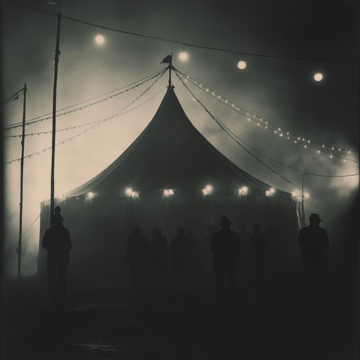 Immerse yourself in an unusual blend of eerie chimes, distant whispers, and offbeat percussion noises creating an uneasy yet mesmerizing dark circus ambiance that evokes an underlying sense of suspense and anticipation.