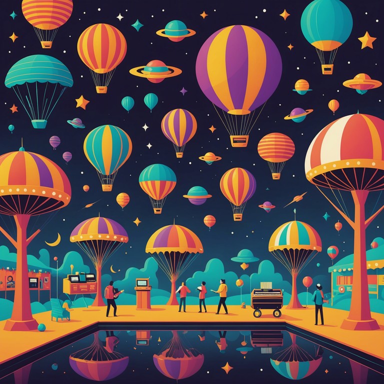 A bold and playful instrumental track featuring a lively accordion that weaves through an energetic rhythm, creating a whimsical and cosmic atmosphere. The song invokes the feeling of floating through a futuristic carnival in space, combining elements of humor and light heartedness with energetic beats.