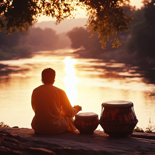 An enchanting composition capturing the serene beauty of a riverside sunrise through intricate tabla rhythms and melodies, blending tradition with a contemporary feel. Listeners will experience the tranquil yet vibrant atmosphere of an early morning by the river, characterized by nature's gentle sounds and the tabla's steady, soulful beat.