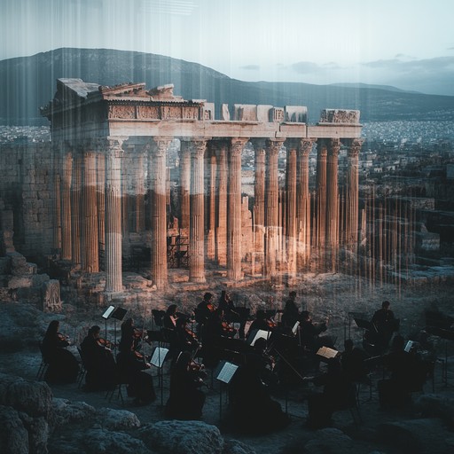 An orchestral composition that merges the haunting resonance of ancient civilizations with modern symphonic techniques, crafting a timeless journey through sound. Music resonates like whispers from a distant past, intertwining with contemporary orchestral expressions to create a profound auditory experience.