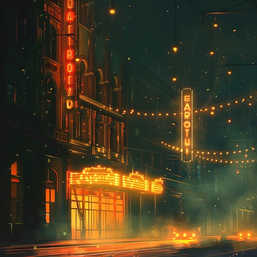 A peaceful night stroll in a theater district, golden dazzles on wet pavements. Subtle piano and orchestral tunes offer nostalgia and serenity, evoking dreamlike memories of delicate performances.