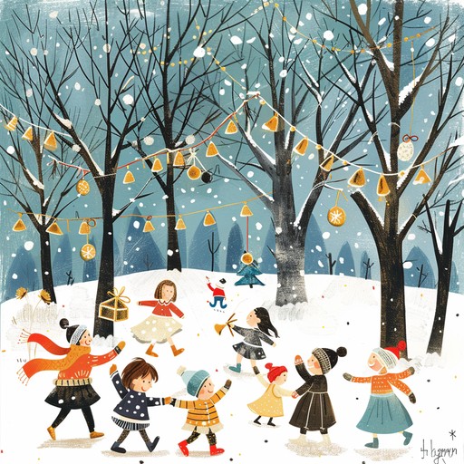 Create a cheerful, energetic melody filled with playful jingle bells and bouncy rhythms, perfect for children's holiday festivities and spirited dance games. This instrumental will capture the essence of childhood joy, bringing smiles and happiness to any festive gathering. The sounds should be bright, uplifting, and full of whimsical charm, encouraging children to move, dance, and celebrate together in a magical atmosphere.