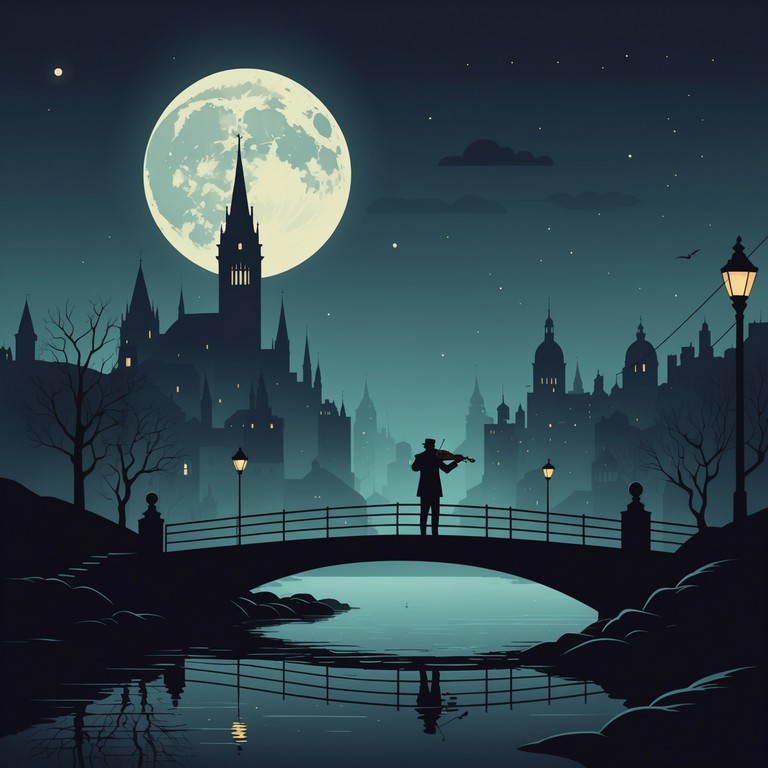 Amid the echoing backdrop of a once bustling but now deserted city, an evocative orchestra plays, swelling with gritty, resonating strings as the moon shines over silent waters, reflecting the city's silent cry and capturing the mood of melancholic resilience.