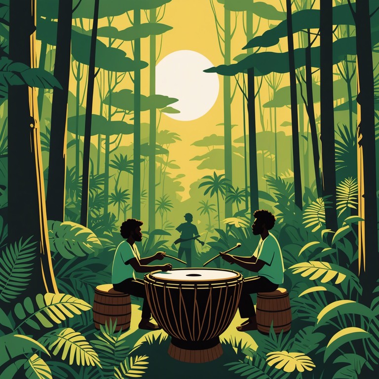 This track emphasizes energetic drums that echo like heartbeats through a dense forest, blending natural sounds with rhythmic percussion to evoke the essence of a tribal dance under the canopy of the jungle.