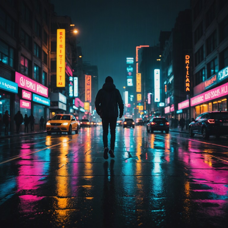 Navigate through a rhythmic cityscape where the rhythm mimics the falling rain merging with boogie rhythm, flashing neon signs reflect in the puddles, and every beat promises a hidden story behind the flowing curtains of the dark.