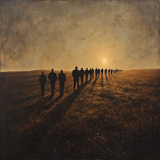 An evocative piece that captures the poignant emotions of soldiers marching through arduous landscapes, reflecting on past battles while looking towards a hopeful future. The distant echoes of their steps create a powerful, rhythmic experience that resonates with sacrifice and determination.