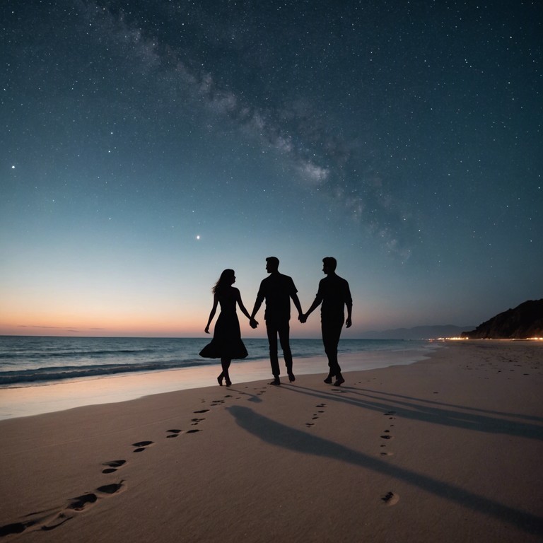 A magical night on the beach, under a starlit sky, where every song played on a marimba brings people closer in a dance of joy and celebration.