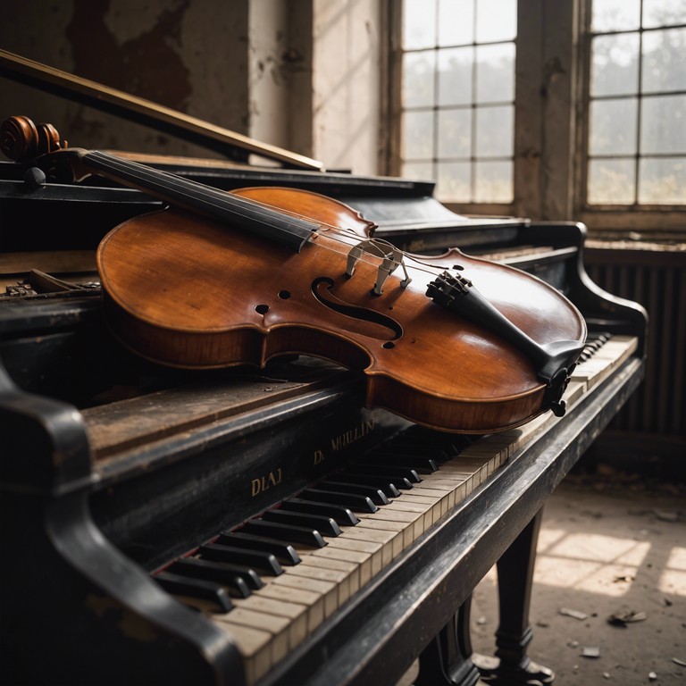 A symphonic piece where each strain of the violin weaves a complex tale of history, silence, and the beauty of forgotten tales, resurrected through the power of orchestral music in a setting that once thrived with life.