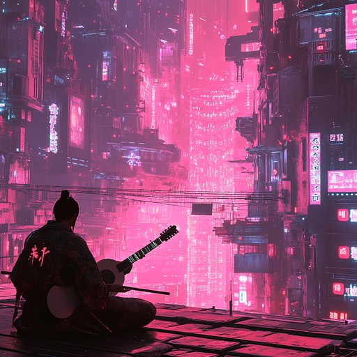 An instrumental track that combines traditional japanese instruments like the shamisen with pulsating synthwave elements, creating a powerful journey through a neon lit cyberpunk cityscape.