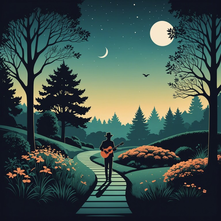 Under a starry sky, a single guitar player captures the essence of romance and whimsical charm with each note, creating a soundscape that feels like a gentle embrace. The music reflects a deep connection to the surroundings, enhancing the natural beauty and the quiet moment shared by lovers.