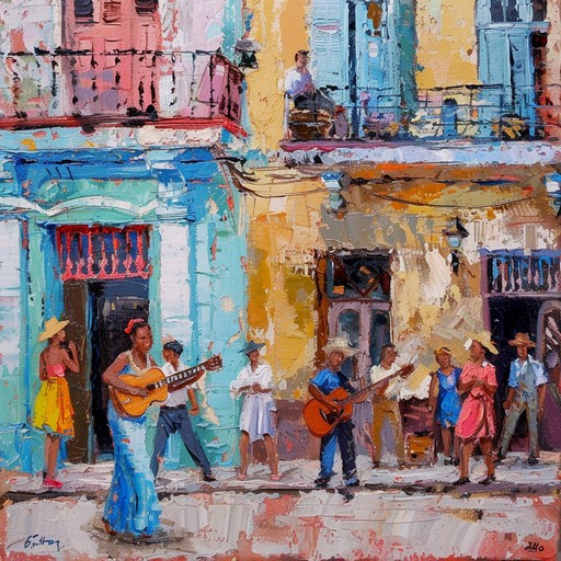 A high energy instrumental piece capturing the essence of a vibrant havana street dance, complete with infectious rhythms, lively melodies, and an undeniable sense of joy. The layers of percussion, dynamic drum patterns, and the melodic lead of the trumpet create a festive atmosphere, transporting listeners to a sunny cuban carnival.