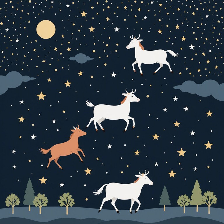 A lighthearted, melodic journey through a starlit country barnyard, featuring cheerful harmonics and playful interludes that evoke a sense of whimsical rural life. This track is perfect for capturing the essence of a serene, magical night spent in the countryside, with each note painting a picture of star gazing farm animals in peaceful harmony. The melody intertwines with the natural sounds of the evening, creating an enchanting musical narrative.