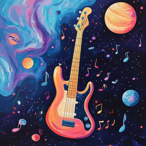 An energetic blend of jazz and funk featuring groovy bass, lively saxophone, and spacey synths taking listeners on an interstellar musical journey