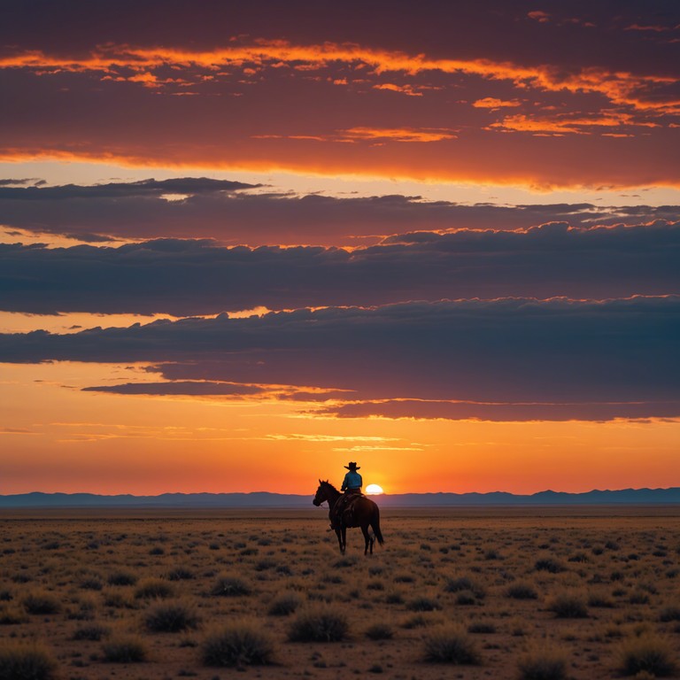 This track captures the essence of a wistful yet confident journey across vast, open western landscapes, punctuated by rhythmic guitar strums that emulate the footsteps of a lone, confident cowboy facing the unknown adventures ahead.