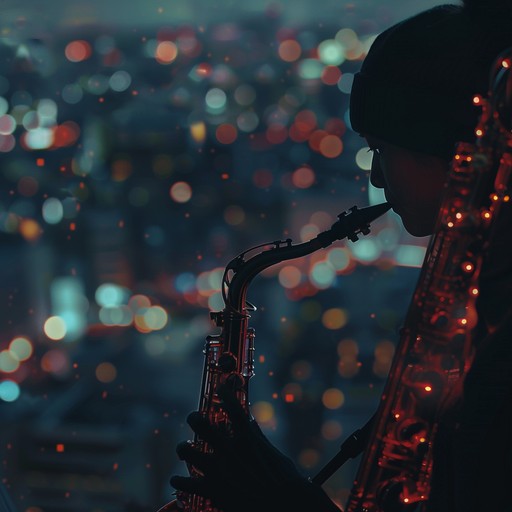 On a high rooftop surrounded by skyscrapers, a solo saxophonist plays soulful tunes under a star filled sky, providing the soundtrack to an intimate gathering of city dwellers who find solace in the night. The music melds with the sound of the bustling city below, a blend of nature's calm and urban vibrance