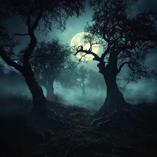 A haunting troubadour tune set in a moonlit medieval forest, using haunting melodies and melancholic tunes, creates an eerie atmosphere of forlorn romance and ancient spirits