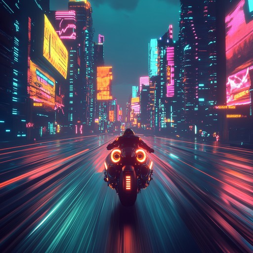 An instrumental cyberpunk piece featuring energetic synthesizers and pulsing rhythms, capturing the essence of a futuristic night ride through neon lit cityscapes.