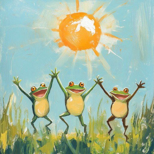 A bright and cheerful instrumental piece that captures the joy of frogs dancing in the sunshine, featuring playful ukulele strumming and light rhythms to create a happy and carefree mood.