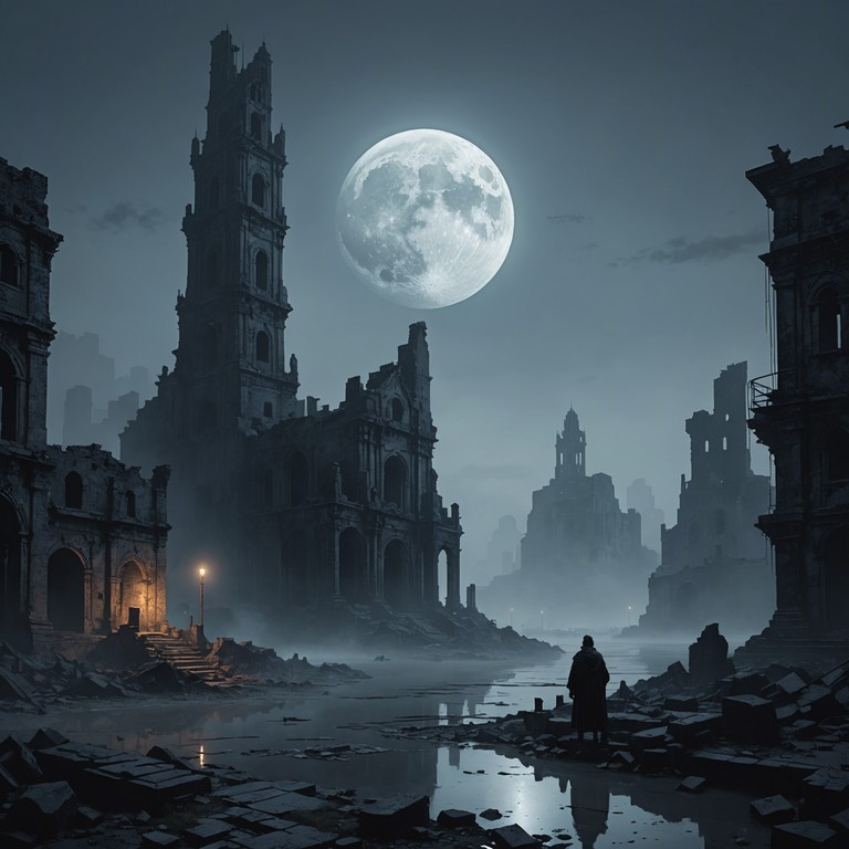 This track conjures a haunting soundscape of a desolate, forgotten city, bathed in moonlight with whispers echoing through the cracked walls. The music will utilize a reverberating theremin to evoke a sense of eerie, distant whispers and wind passing through ancient spaces.