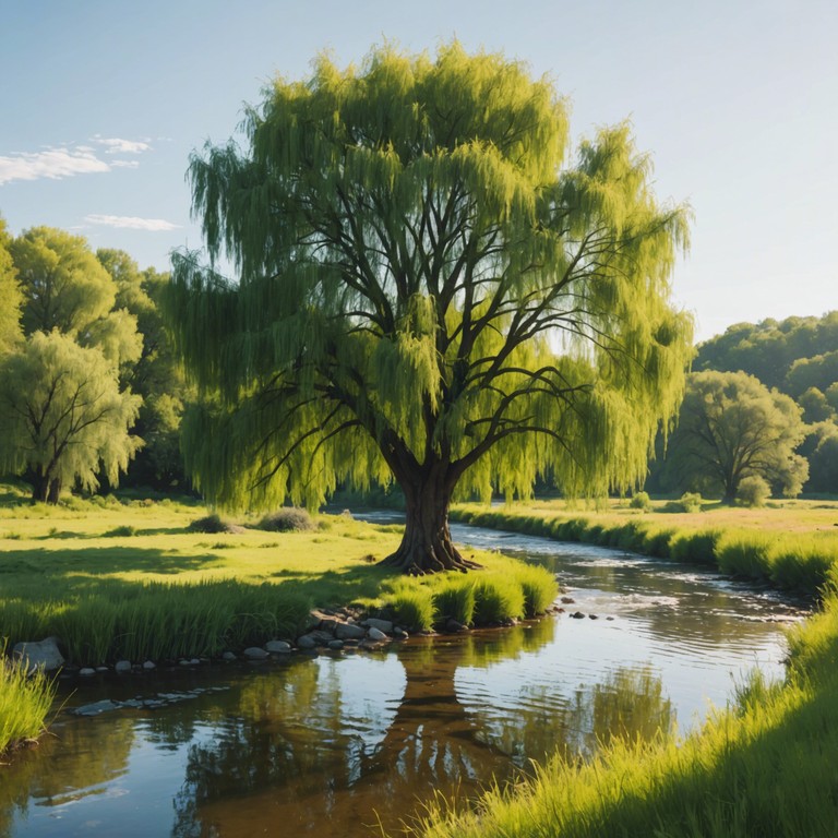 An instrumental composition blending the soft sounds of acoustic guitar with ambient synths, creating a serene soundscape inspired by the tranquility of a sunlit willow grove. The piece evokes a sense of peaceful solitude and connection with nature.