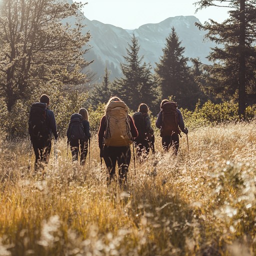 An acoustic guitar leads a jubilant and lively folk rock ensemble, capturing the scenic beauty and positive energy of an invigorating hike on sun drenched mountain trails, perfect for a sunny outdoor adventure soundtrack.