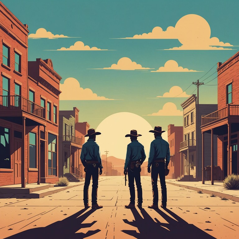 A soundscape that captures the essence of the wild west, combining solemn guitar melodies with the ambient sounds of a desert environment, building up to a climactic confrontation.