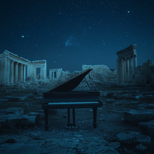 In a hauntingly serene environment, a solitary piano channels the quietude of an ancient, starless night amidst the remnants of a crumbled civilization. The music traverses between the echoes of the past and the whispers of the night, capturing the essence of tranquility and solemn beauty through melancholic melodies and thoughtful pauses.