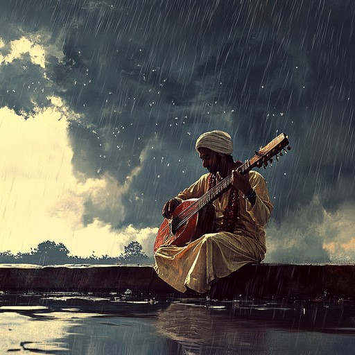 An instrumental piece capturing the essence of indian monsoon through dramatic hindustani ragas, evoking emotions of longing and tranquility