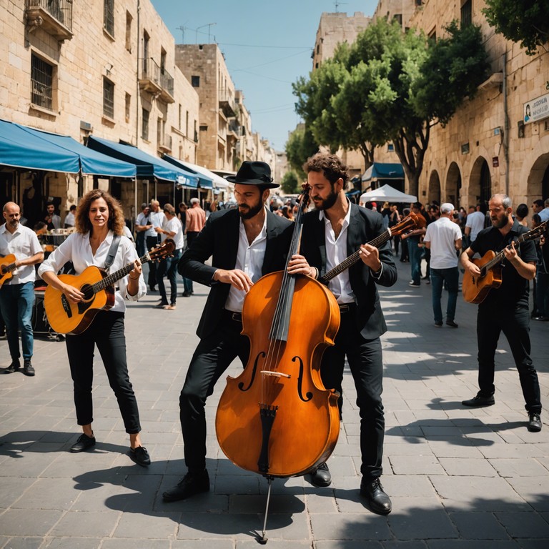 A harmonious blend of traditional klezmer melodies with contemporary funk and jazz elements, producing a groovy and energetic atmosphere. Envision a dance hall where generations meld in joyous celebration, driven by rhythmic brilliance and emotive musical storytelling.