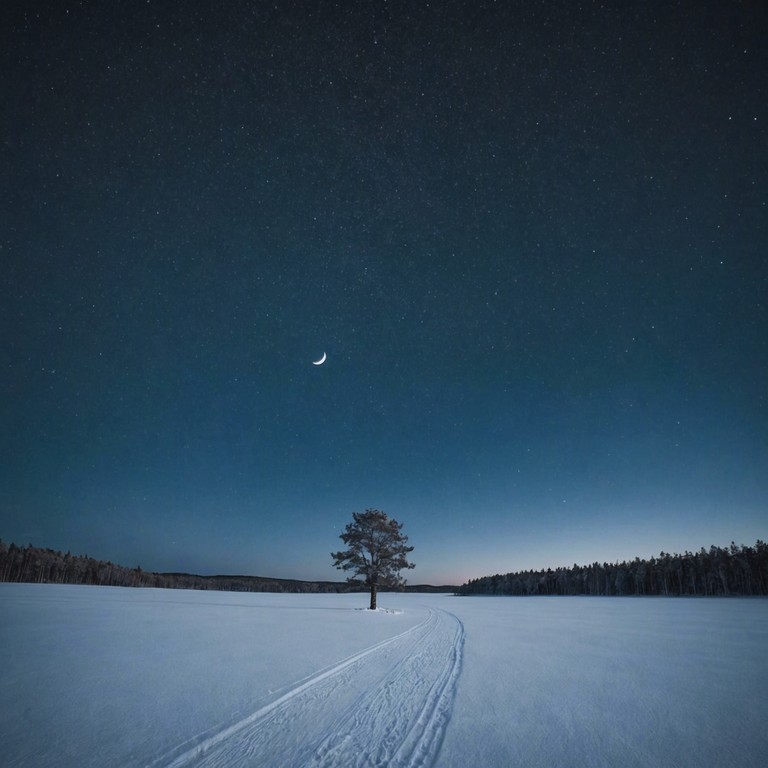 This composition captures the profound stillness and reflective mood of a frozen finnish landscape under a midnight sky. The music slowly builds a tapestry of sound that reflects the vast, serene, and icy environment, punctuated by the occasional distant echo of wildlife. The piece evolves to express the depth of solitude and introspection one might feel while standing alone amidst the expansive ice fields.