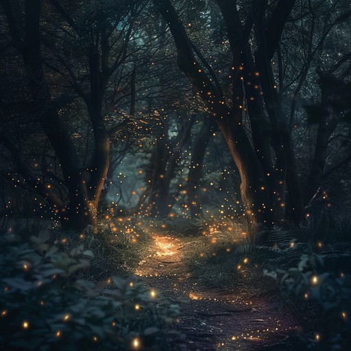 Wander through shadowy woods filled with soft glows of fireflies and hints of magical creatures lurking, blending playful curiosity with an underlying sense of foreboding.