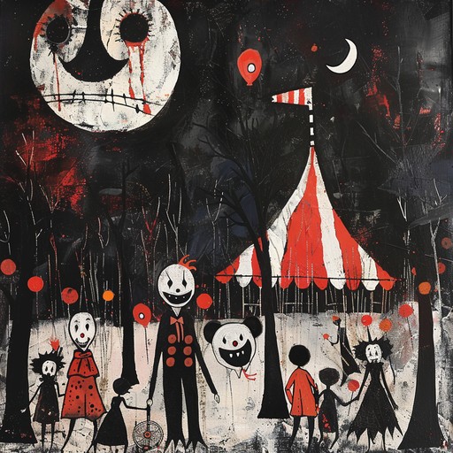 This track melds dark cabaret ambiance with an uplifting rhythm, blending theatrical elements with circus like orchestration. The melody is driven by a piano, creating a haunting yet joyful narrative, featuring a mix of whimsical and eerie tones. It evokes visions of a midnight carnival filled with eerie clowns and laughing children, bathed in moonlight.