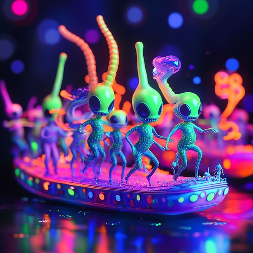 Imagine a festive parade through an alien city, with neon lights, bizarre costumes, and otherworldly instruments creating a jubilant, surreal atmosphere. Expect unconventional melodies and rhythms, blending the traditional parade march with futuristic elements.