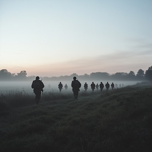 On a chilly dawn where only footsteps break the eerie silence, this track emulates the ambiance of a military march through a fog laden field. The sparse musical arrangement reflects the isolation and determination of soldiers moving toward an unseen objective.